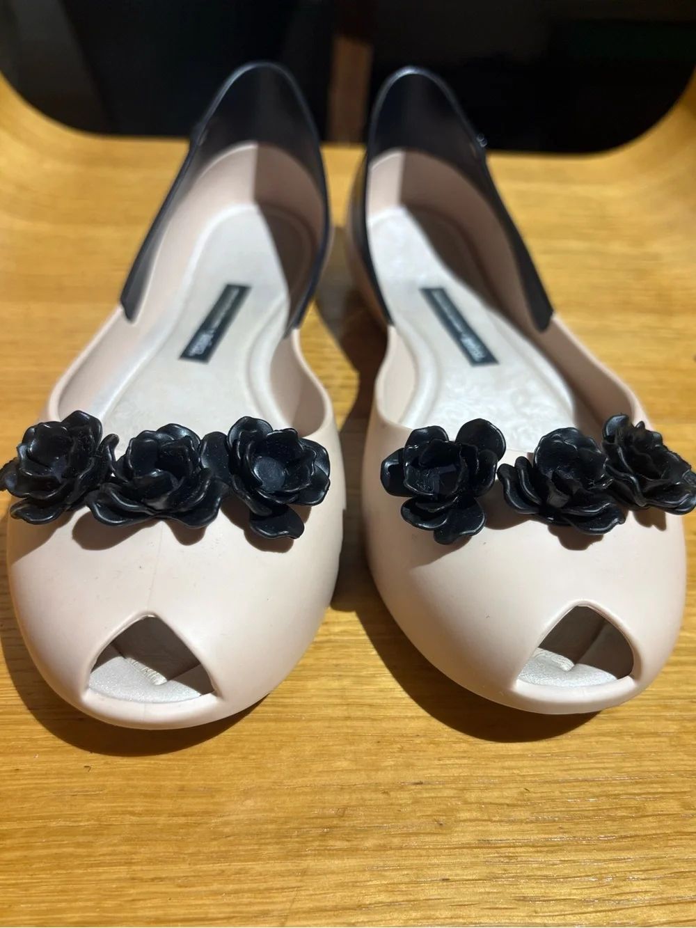 Melissa + Alexandre Herchcovitch Flower Queen Peep-Toe Flats, Beige/Black, size9